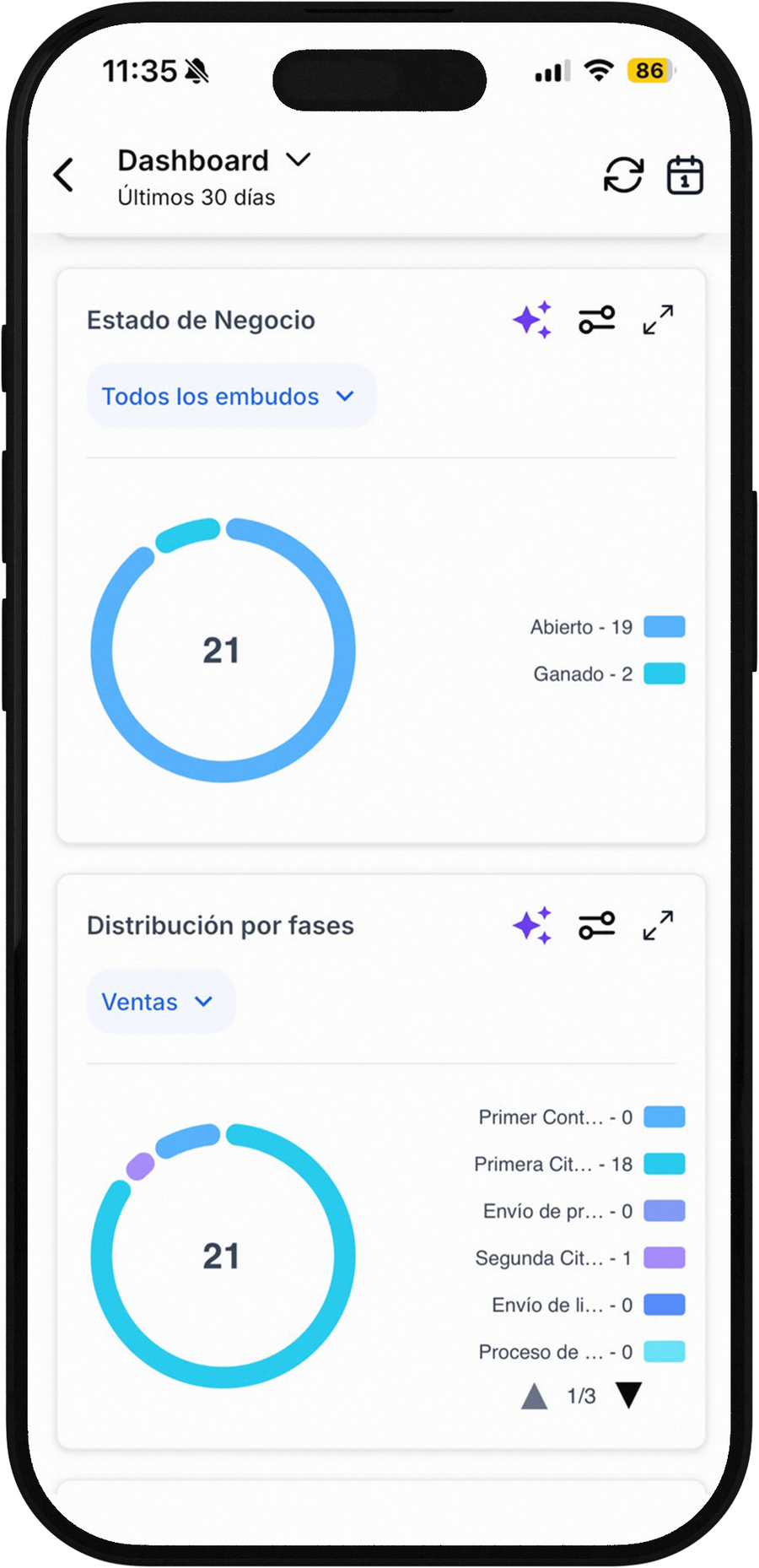 La misma información en el celular del asesor: estado del negocio y distribución por fases